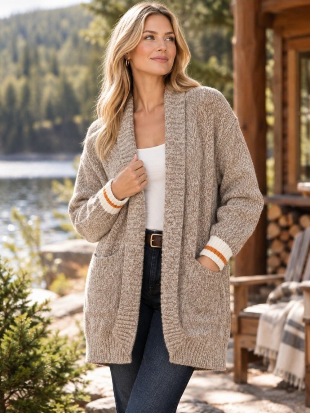 Genuine Roots Cabin Cardigan Cozy Knit Sweater Size Large Oat Taupe Cream